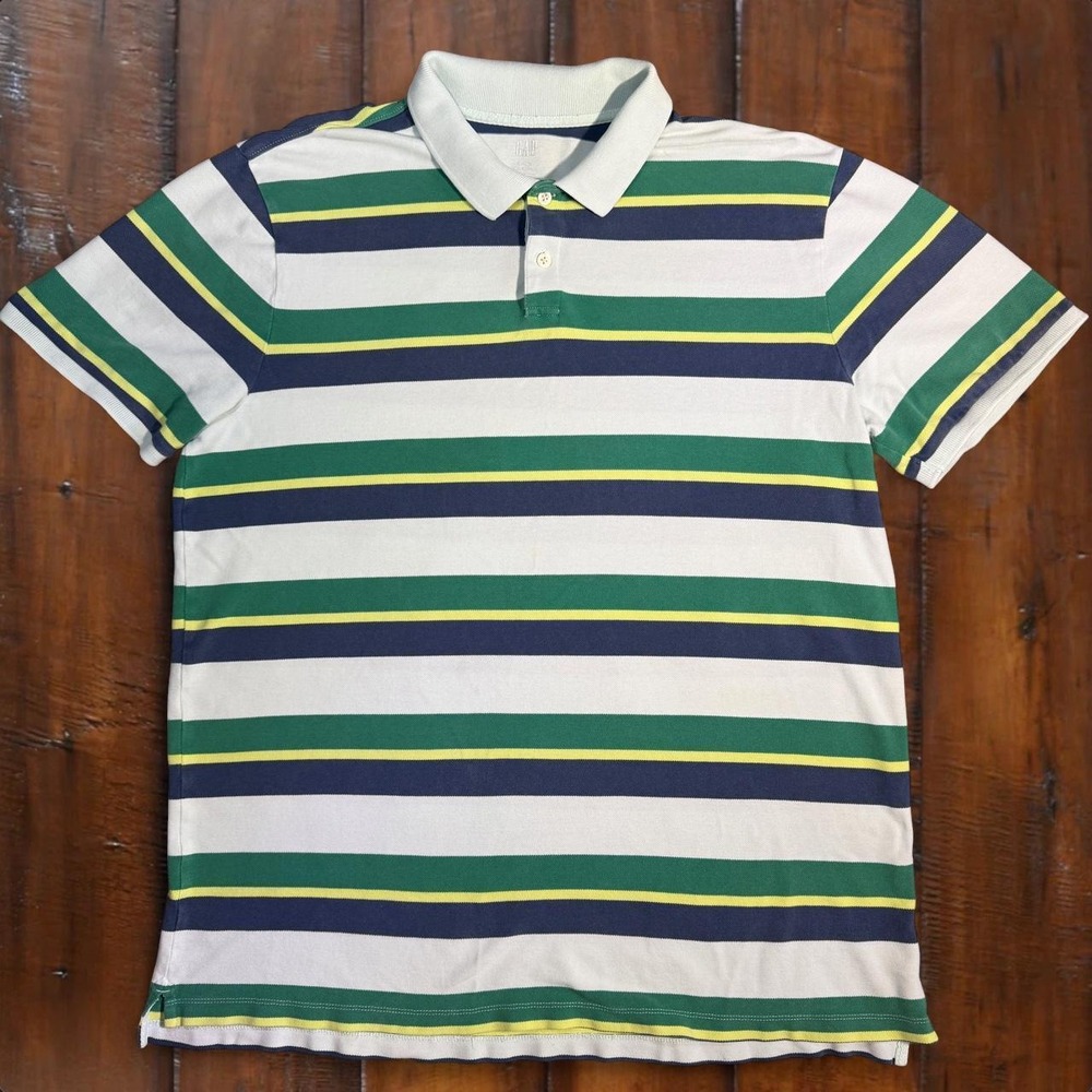Gap Stretch Piqué Polo Shirt Men's XL Tall Blue Green Striped Short Sleeve